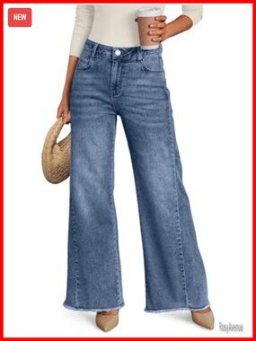 Women's Wide Leg Jeans Relaxed Loose Raw Hem Straight Fit Denim
